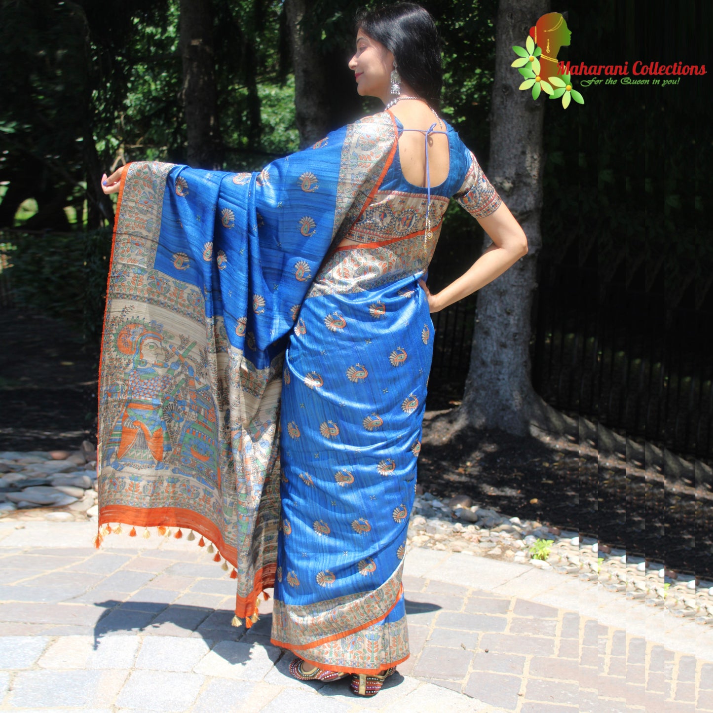 Maharani's Pure Tussar Silk Saree (Silk Mark) - Robin Blue with Madhubani Hand Painting