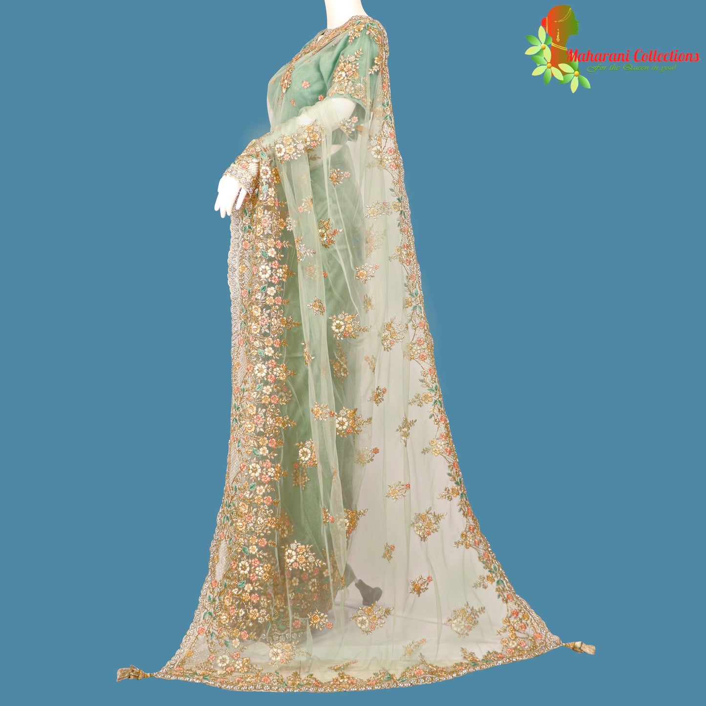 Maharani's Designer Party Wear Net Silk Saree - Sea Green (with stitched Blouse and Petticoat)