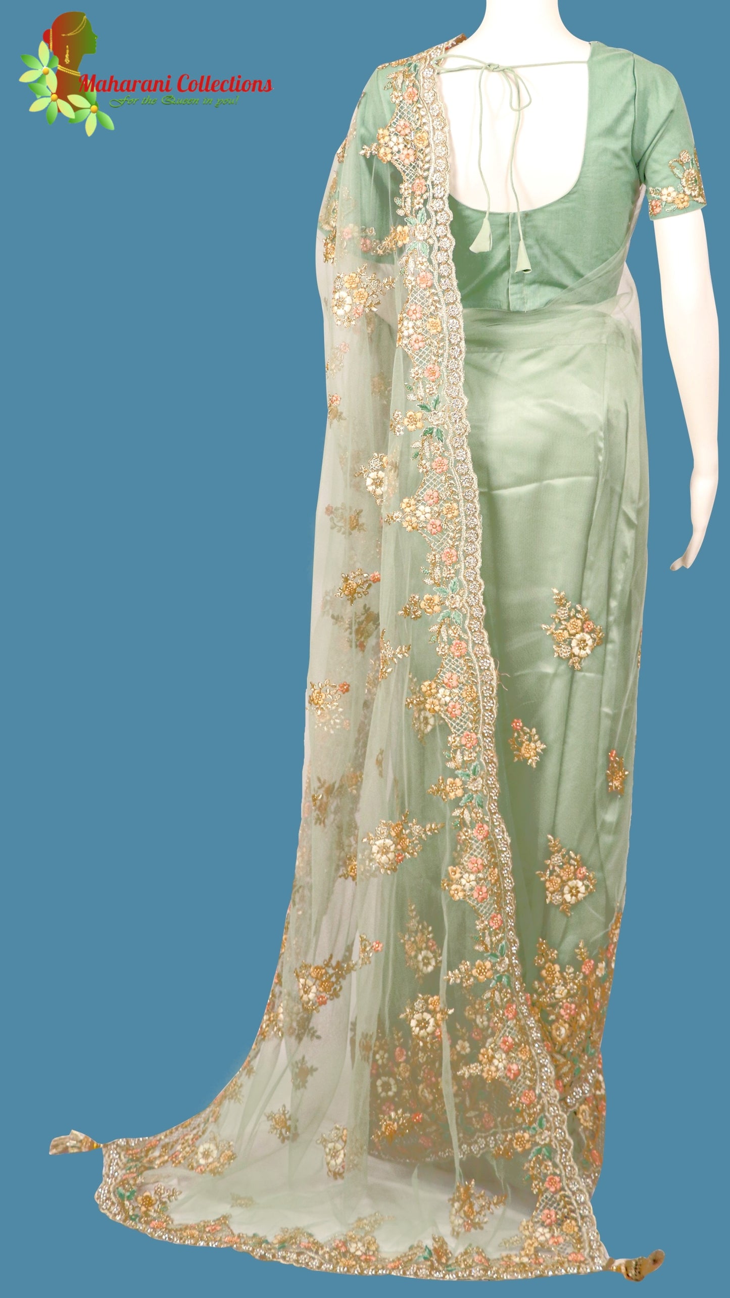 Maharani's Designer Party Wear Net Silk Saree - Sea Green (with stitched Blouse and Petticoat)