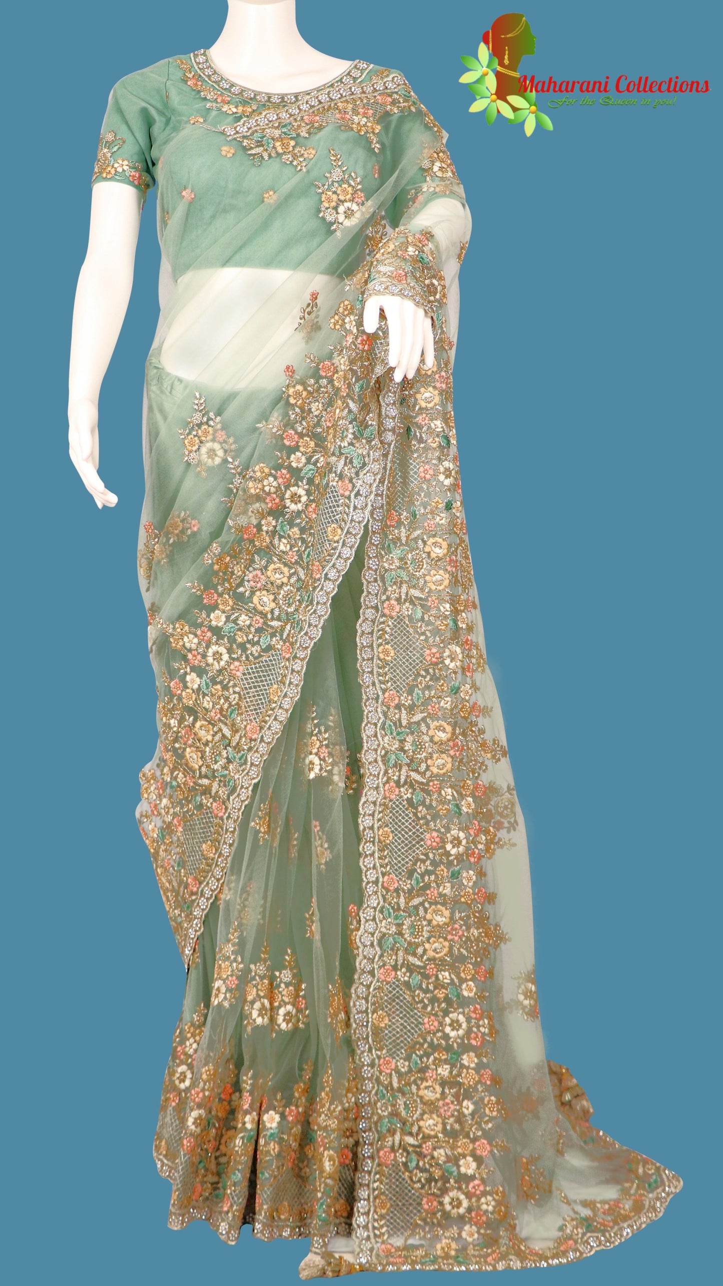 Maharani's Designer Party Wear Net Silk Saree - Sea Green (with stitched Blouse and Petticoat)