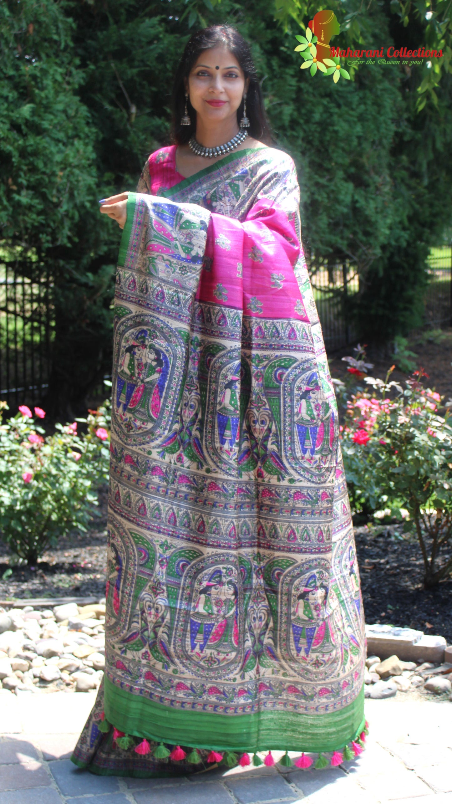 Maharani's Pure Tussar Silk Saree (Silk Mark) - Magenta with Madhubani Hand Painting