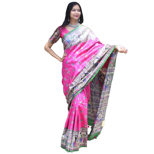 Maharani's Pure Tussar Silk Saree (Silk Mark) - Magenta with Madhubani Hand Painting