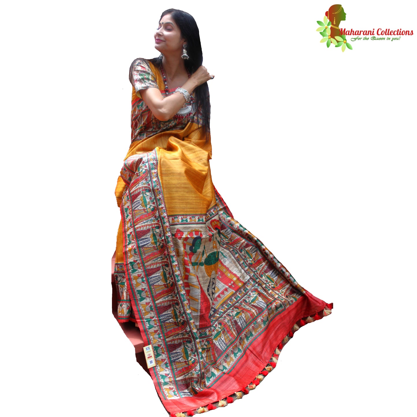 Maharani's Pure Tussar Silk Saree (Silk Mark) - Mustard Yellow with Madhubani Hand Painting
