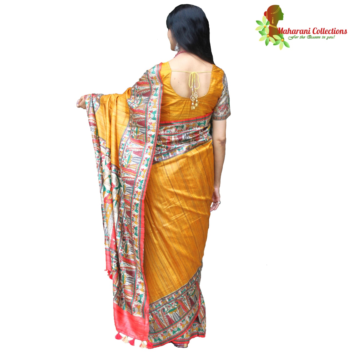 Maharani's Pure Tussar Silk Saree (Silk Mark) - Mustard Yellow with Madhubani Hand Painting