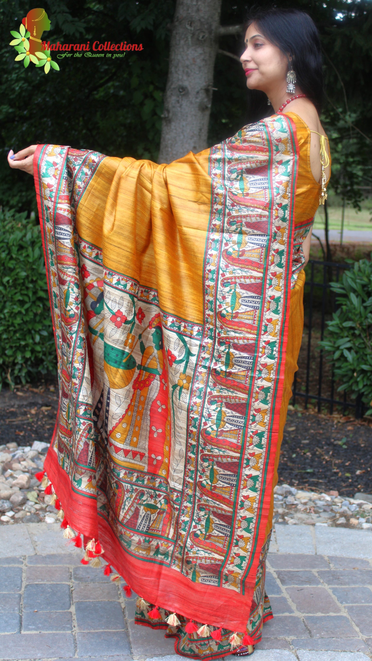 Maharani's Pure Tussar Silk Saree (Silk Mark) - Mustard Yellow with Madhubani Hand Painting