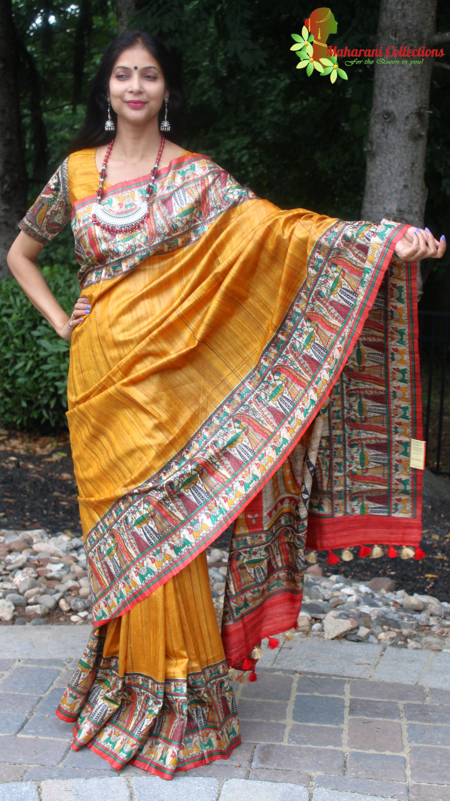 Maharani's Pure Tussar Silk Saree (Silk Mark) - Mustard Yellow with Madhubani Hand Painting