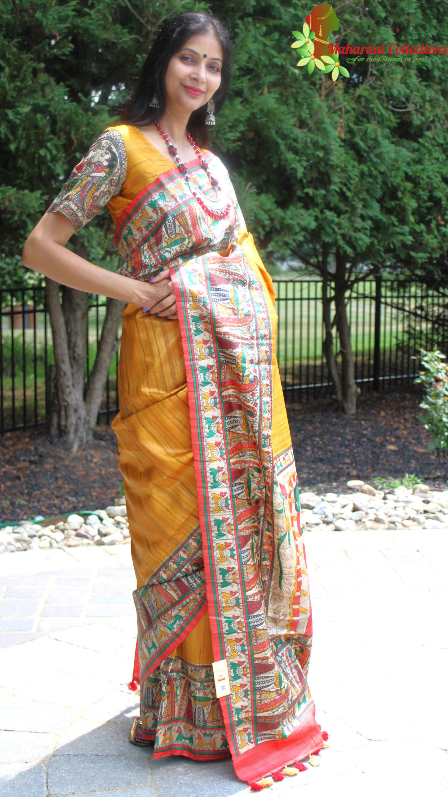 Maharani's Pure Tussar Silk Saree (Silk Mark) - Mustard Yellow with Madhubani Hand Painting