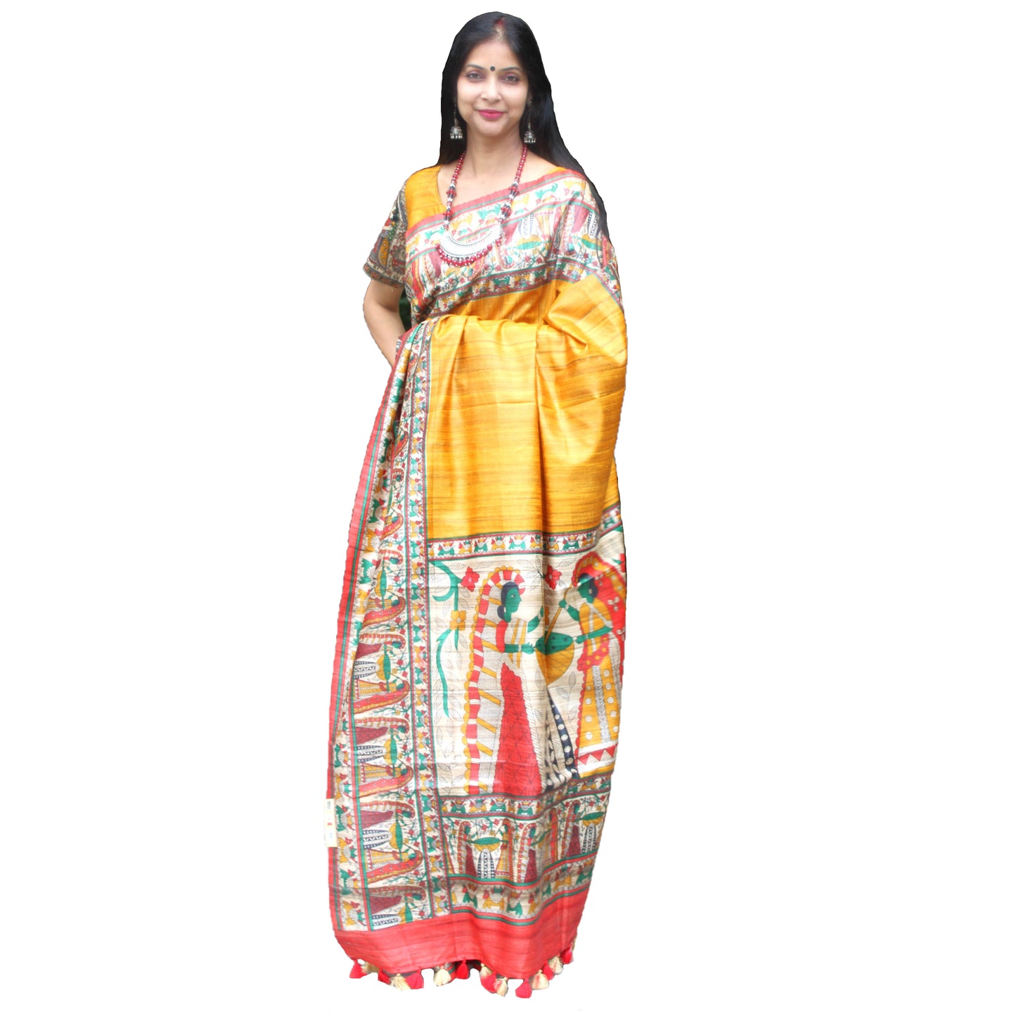 Maharani's Pure Tussar Silk Saree (Silk Mark) - Mustard Yellow with Madhubani Hand Painting