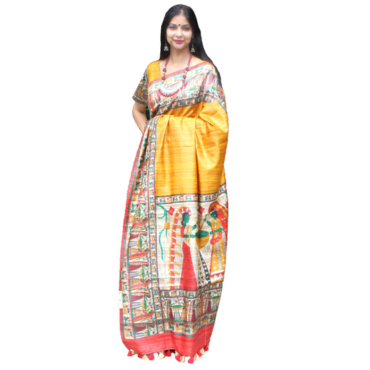 Maharani's Pure Tussar Silk Saree (Silk Mark) - Mustard Yellow with Madhubani Hand Painting