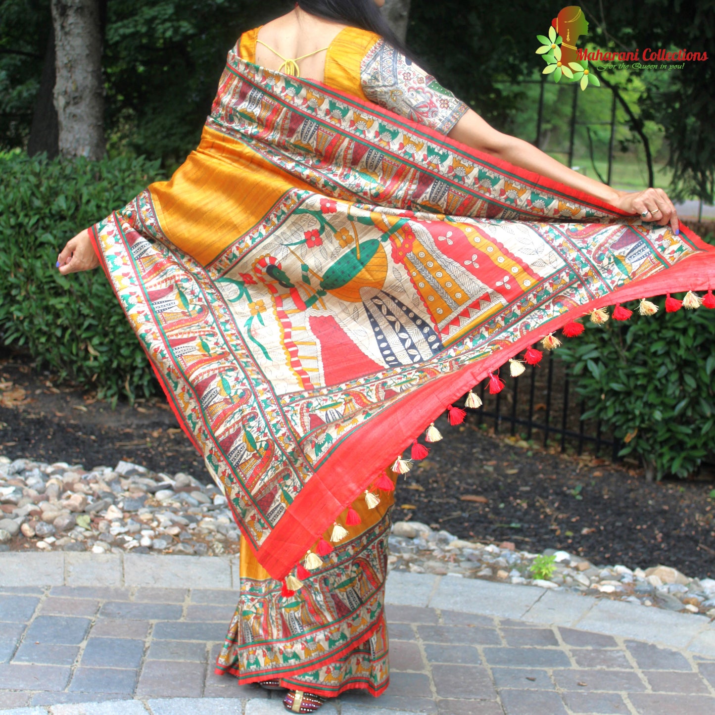 Maharani's Pure Tussar Silk Saree (Silk Mark) - Mustard Yellow with Madhubani Hand Painting