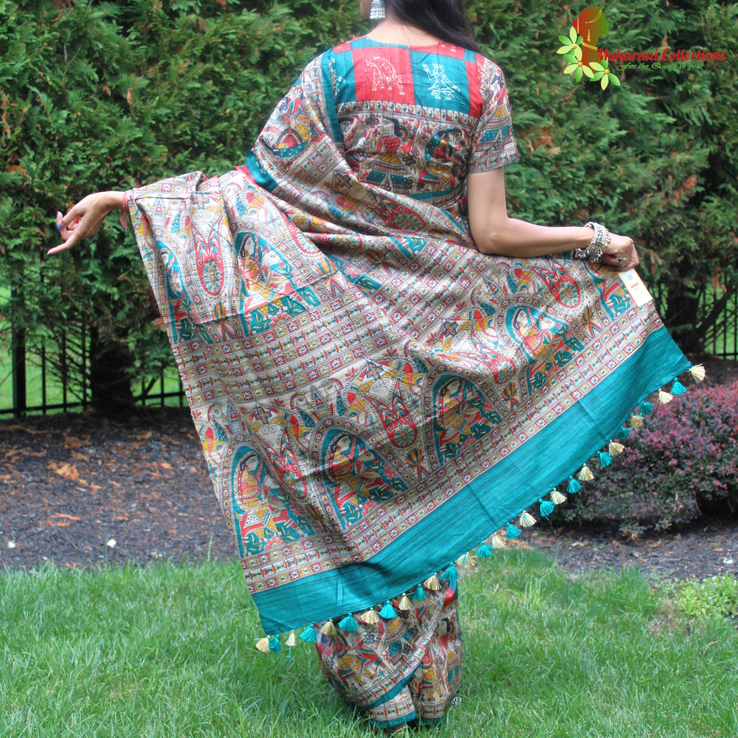 Maharani's Pure Tussar Silk Saree (Silk Mark) - Red & Sea Green with Madhubani Hand Painting