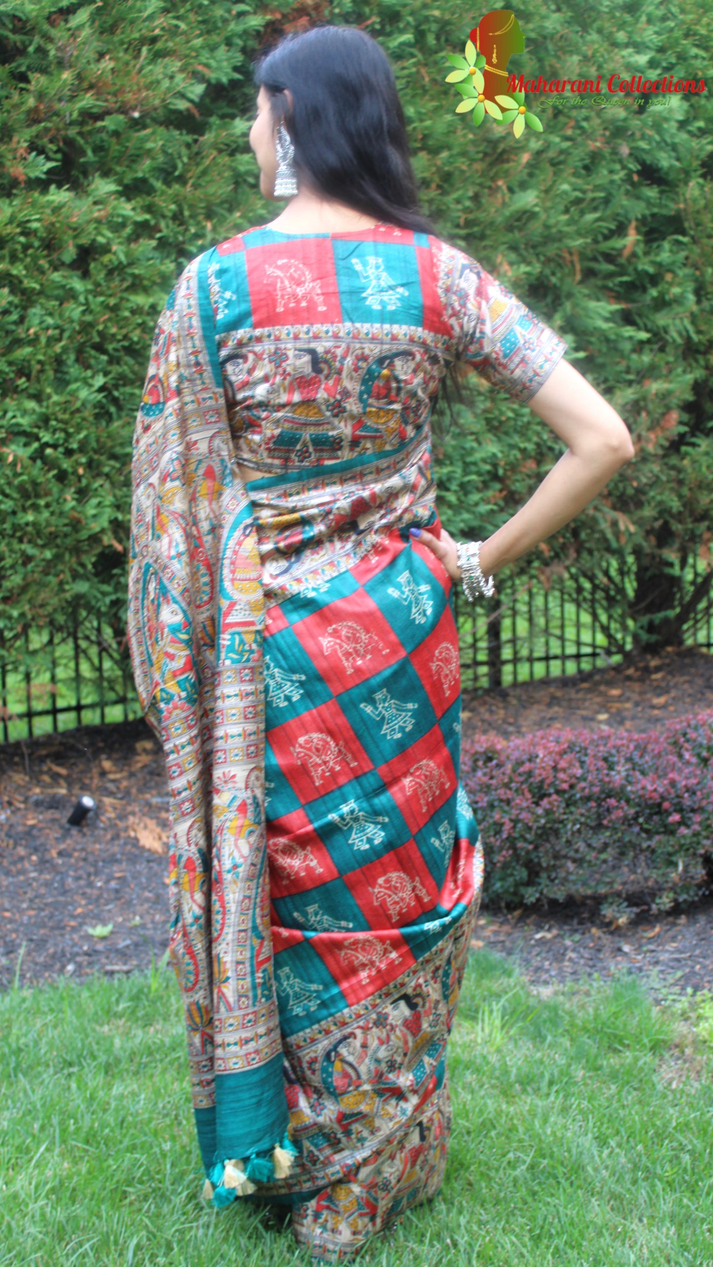 Maharani's Pure Tussar Silk Saree (Silk Mark) - Red & Sea Green with Madhubani Hand Painting