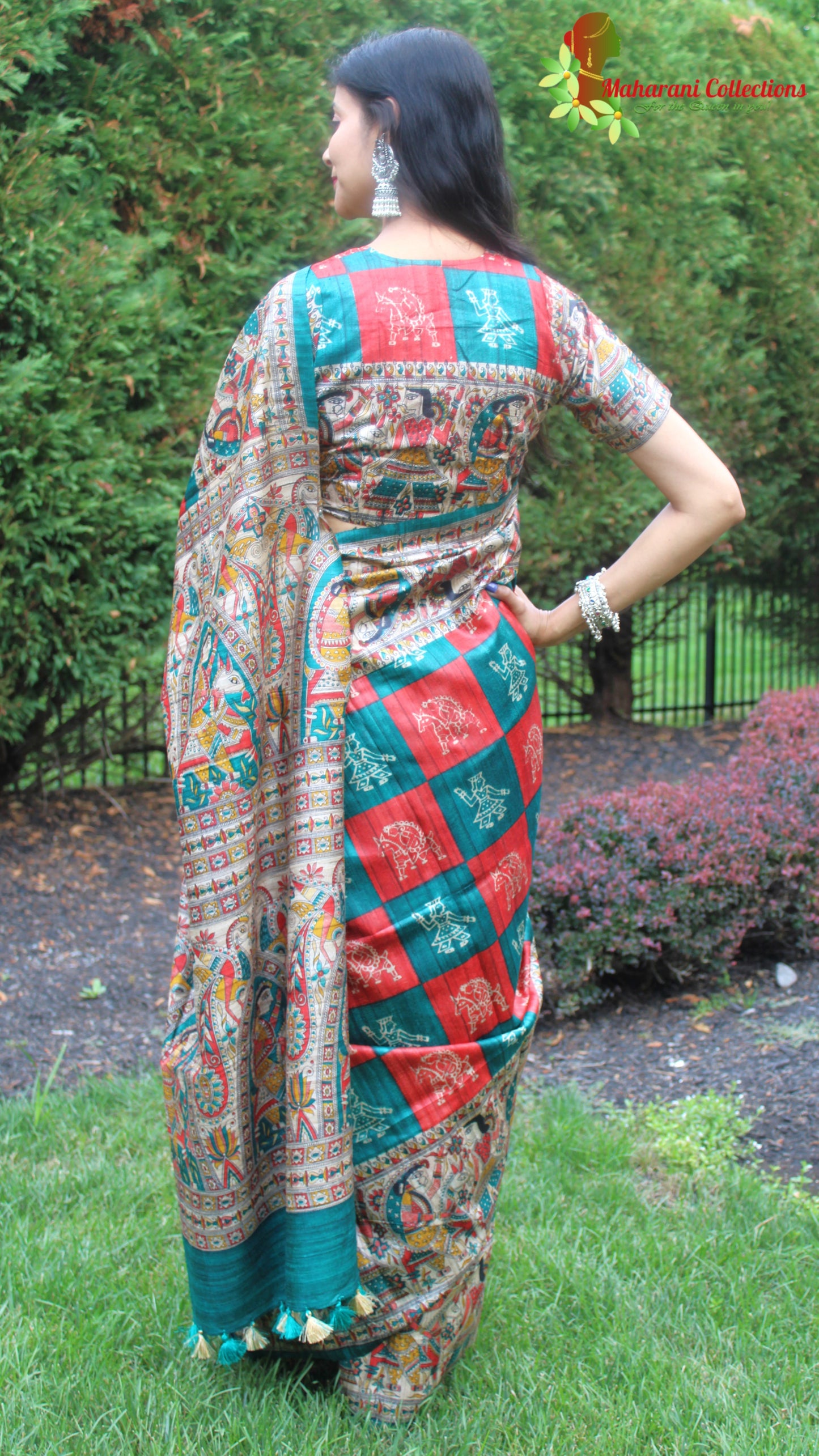 Maharani's Pure Tussar Silk Saree (Silk Mark) - Red & Sea Green with Madhubani Hand Painting