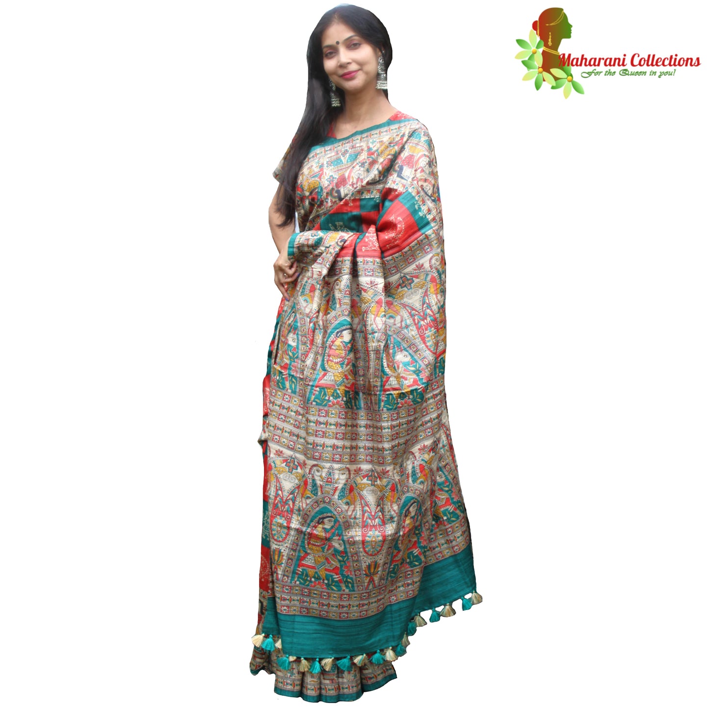 Maharani's Pure Tussar Silk Saree (Silk Mark) - Red & Sea Green with Madhubani Hand Painting