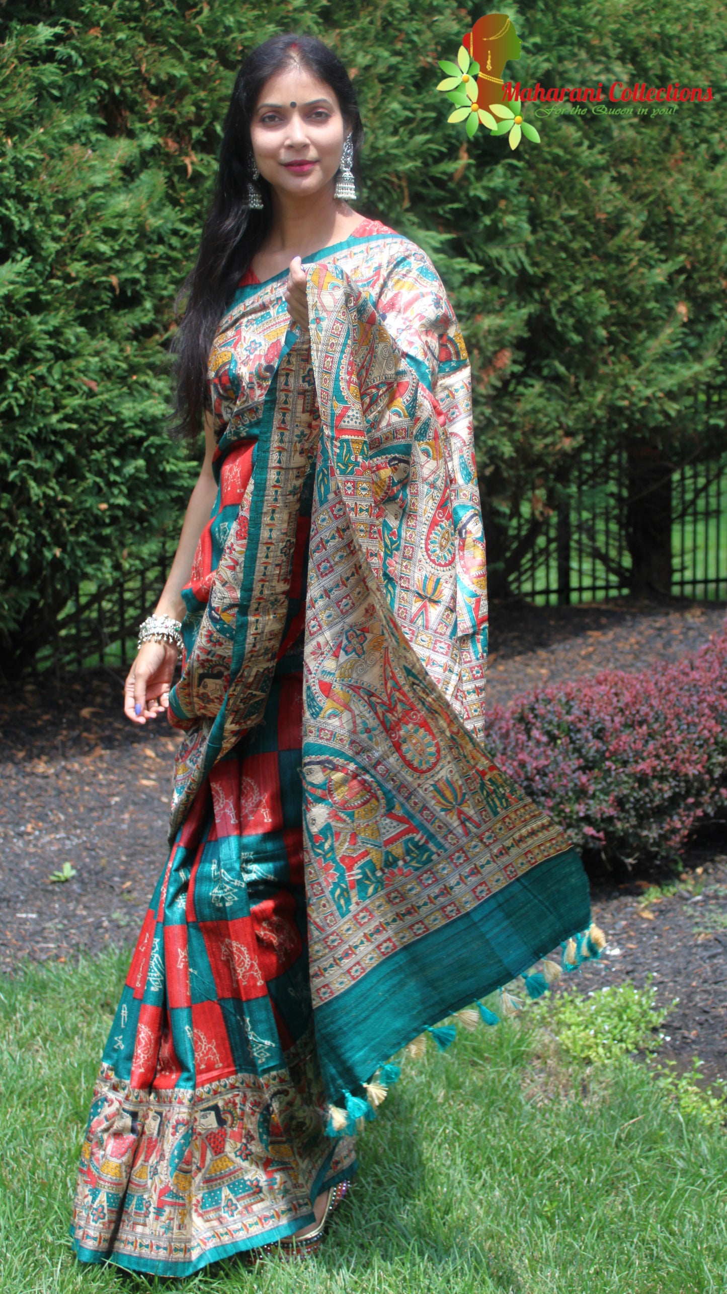 Maharani's Pure Tussar Silk Saree (Silk Mark) - Red & Sea Green with Madhubani Hand Painting