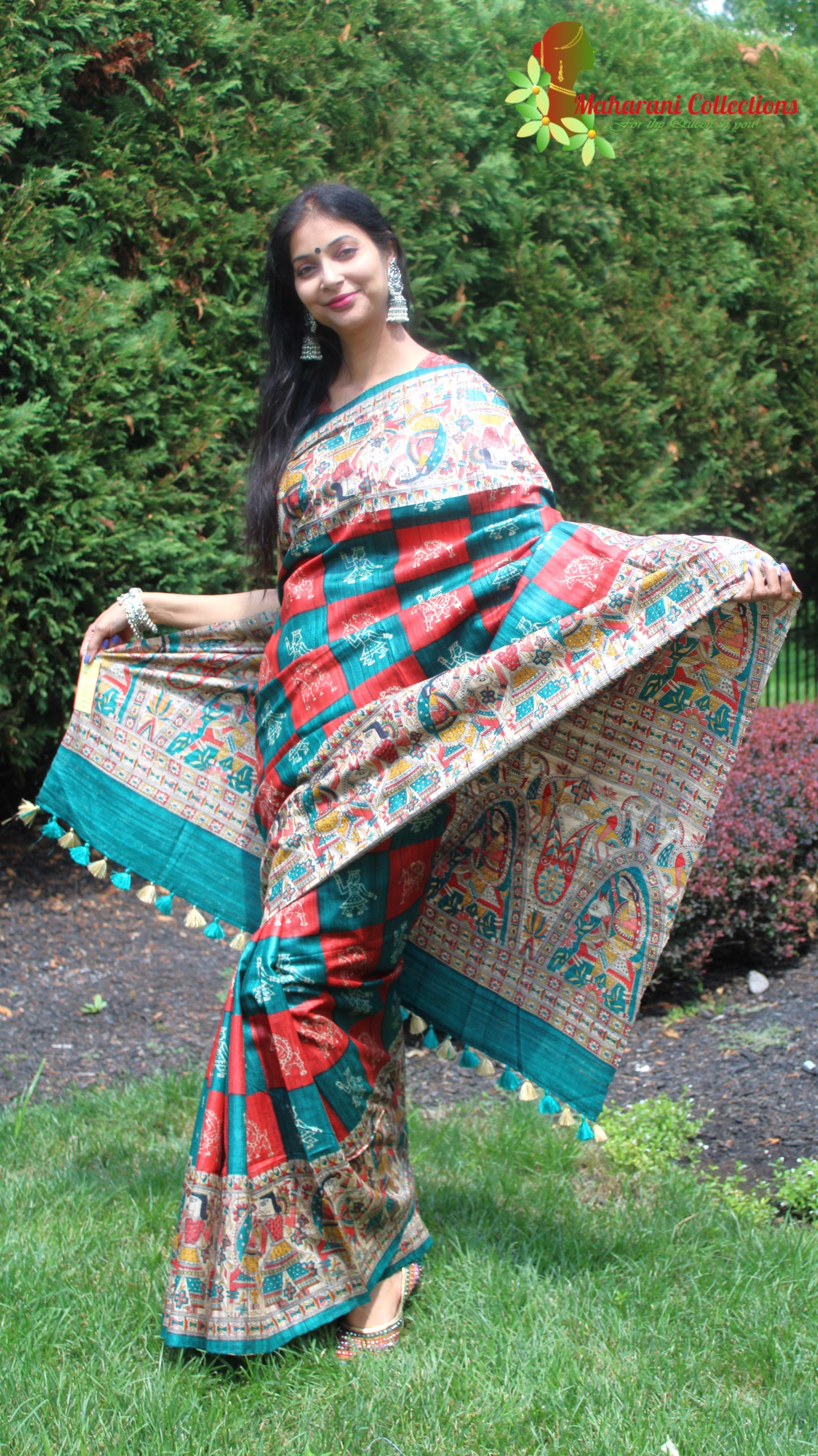 Maharani's Pure Tussar Silk Saree (Silk Mark) - Red & Sea Green with Madhubani Hand Painting