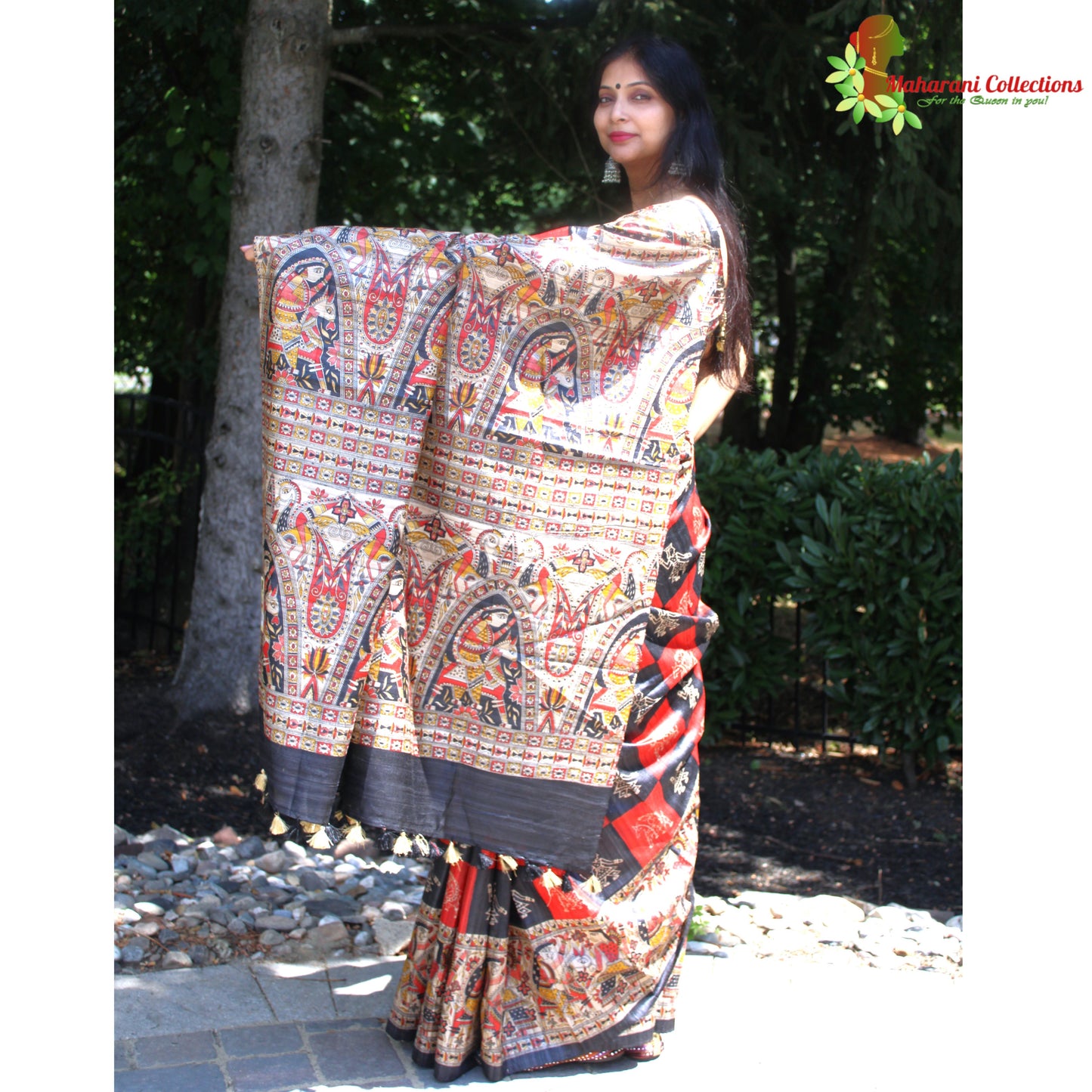 Maharani's Pure Tussar Silk Saree (Silk Mark) - Red & Black with Madhubani Hand Painting