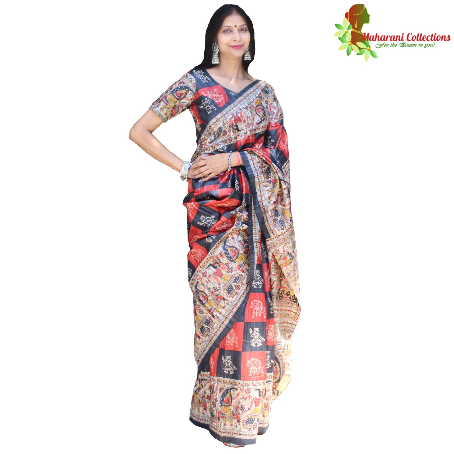 Maharani's Pure Tussar Silk Saree (Silk Mark) - Red & Black with Madhubani Hand Painting