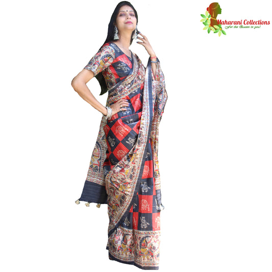Maharani's Pure Tussar Silk Saree (Silk Mark) - Red & Black with Madhubani Hand Painting
