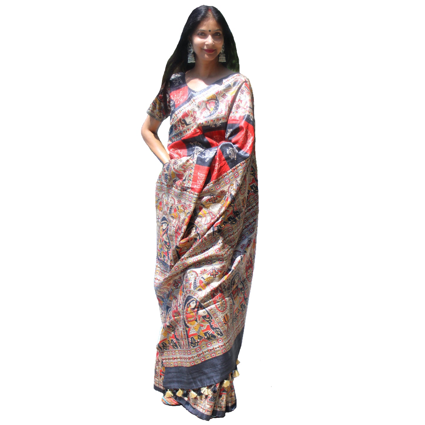 Maharani's Pure Tussar Silk Saree (Silk Mark) - Red & Black with Madhubani Hand Painting