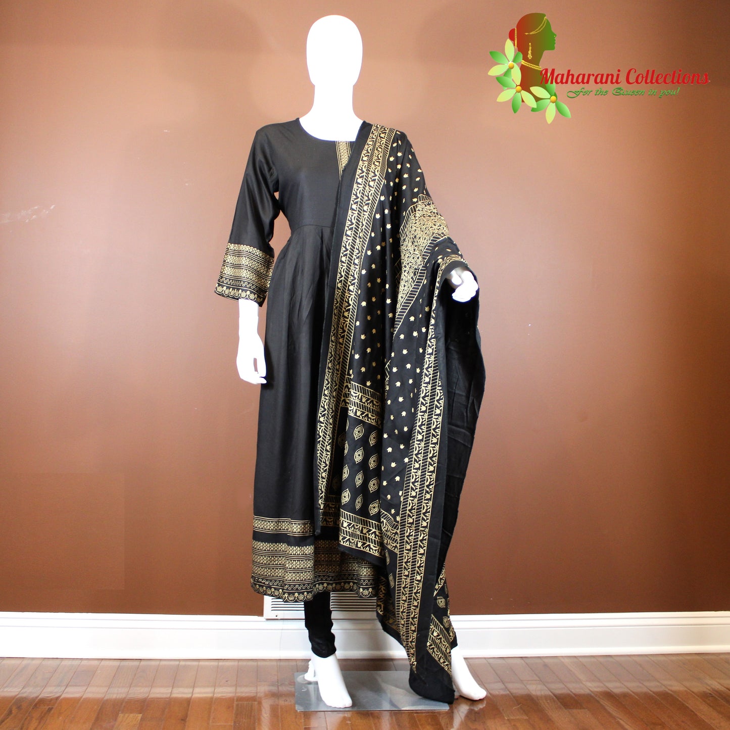 Maharani's Designer Anarkali Suit - Black (XL) - Muslin Silk