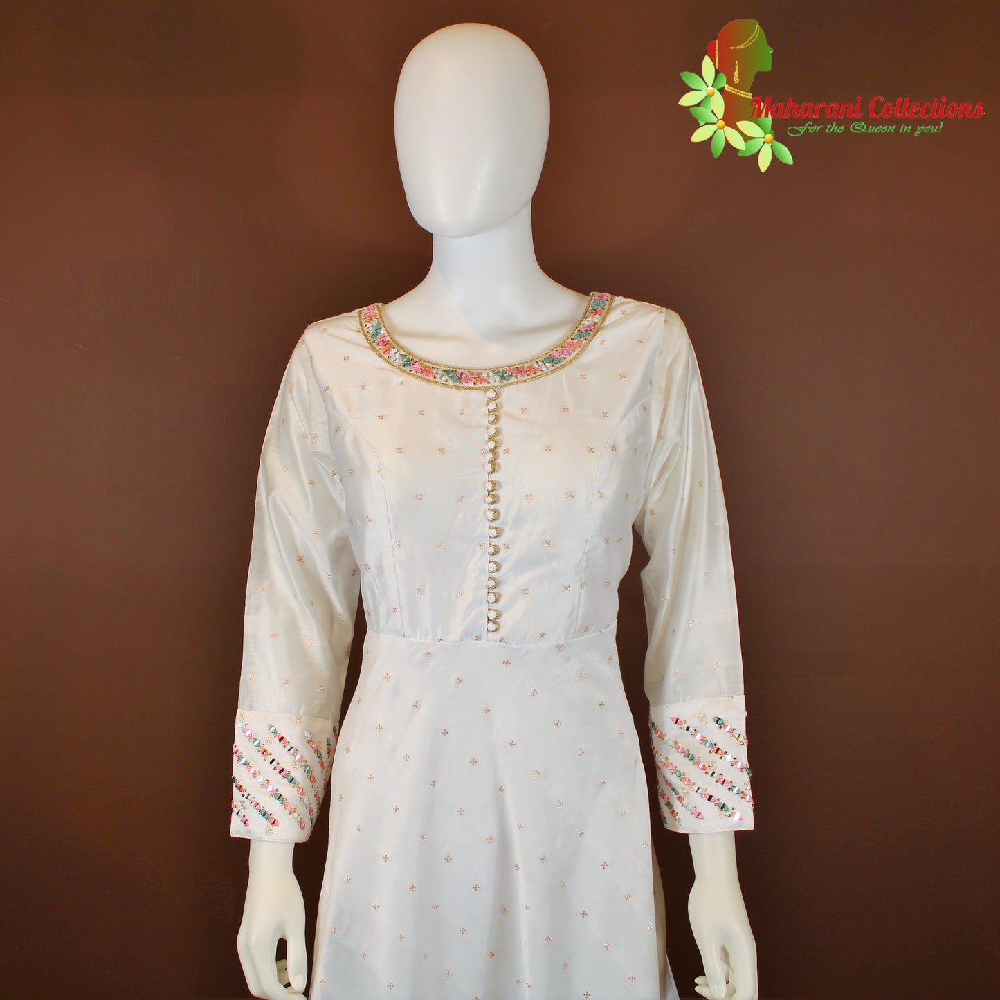 Designer Gala Gown (Anarkali Suit) - White (L) - Silk