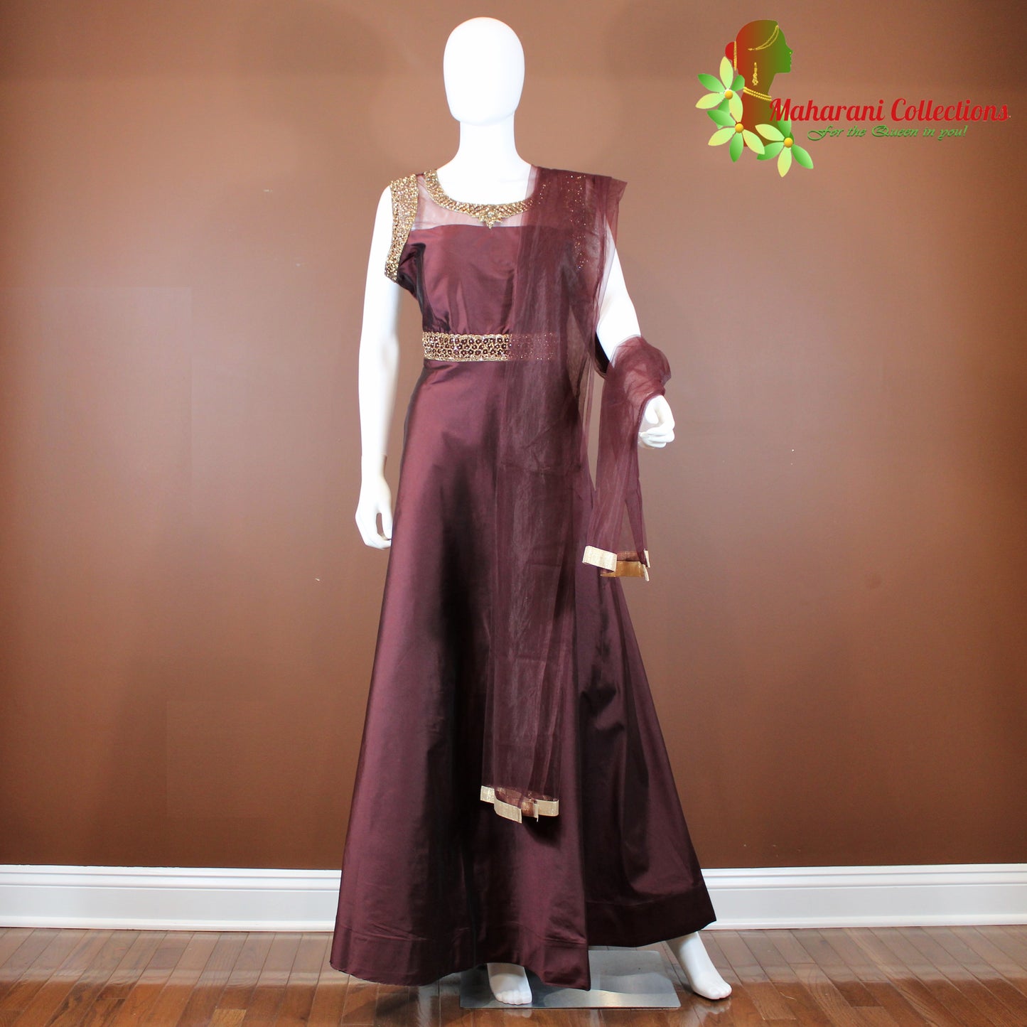 Maharani's Designer Gown (Anarkali Suit) - Wine (L) - Banarasi Silk