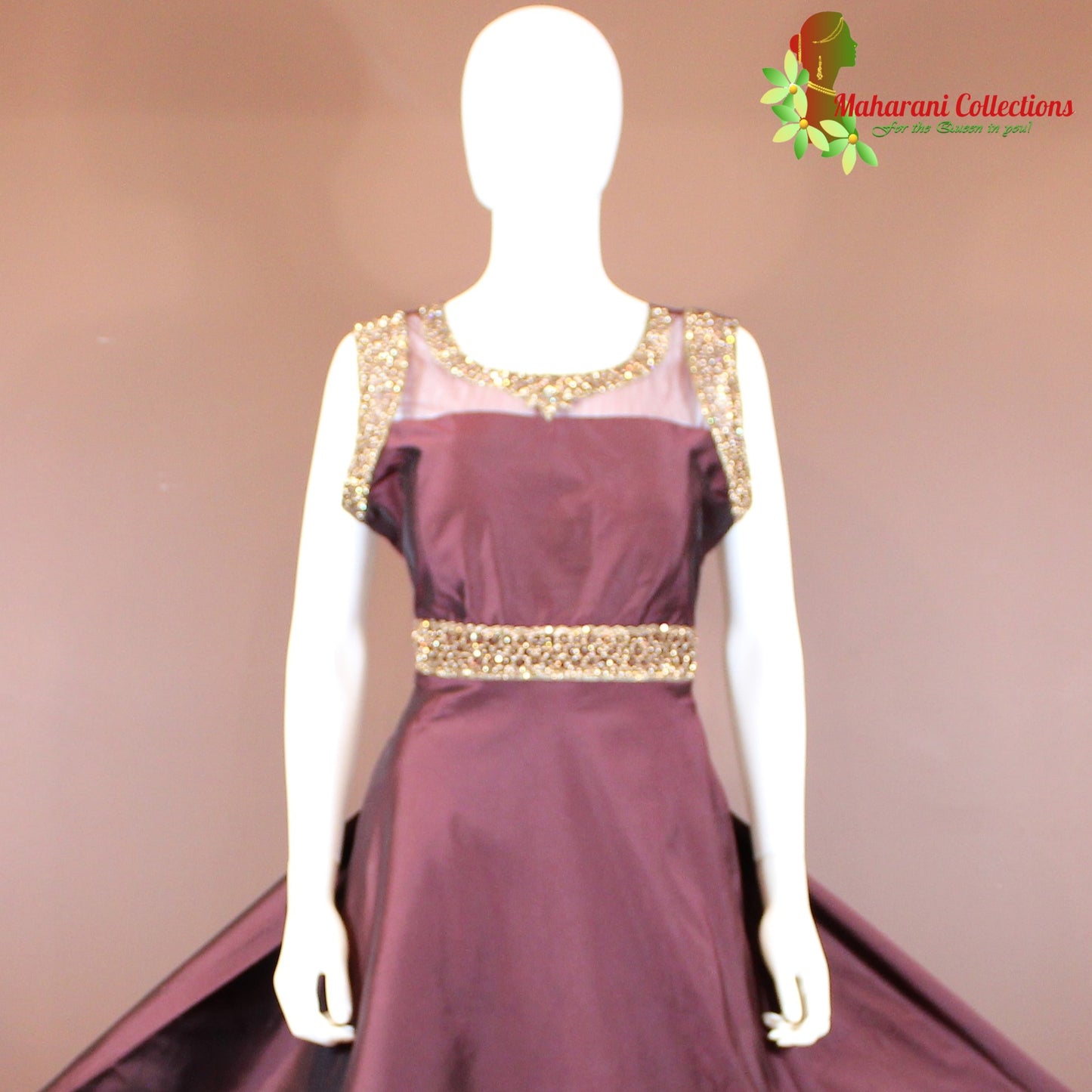 Maharani's Designer Gown (Anarkali Suit) - Wine (L) - Banarasi Silk