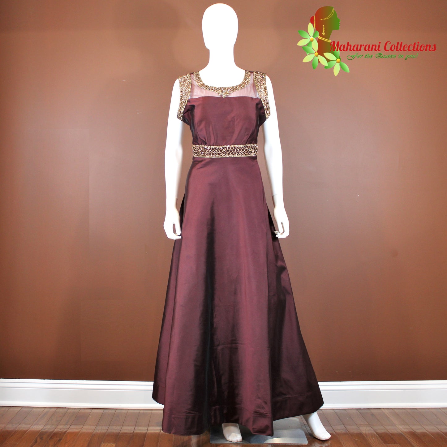 Maharani's Designer Gown (Anarkali Suit) - Wine (L) - Banarasi Silk