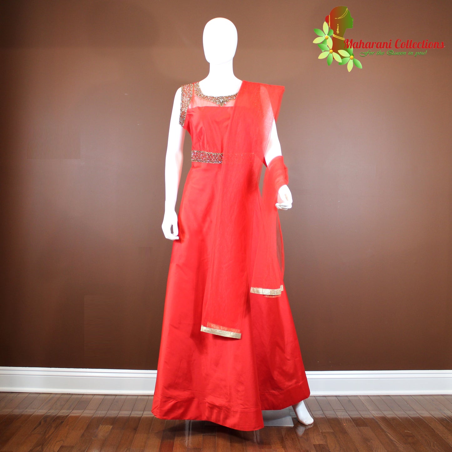 Maharani's Designer Gown (Anarkali Suit) - Bridal Red (L) - Banarasi Silk