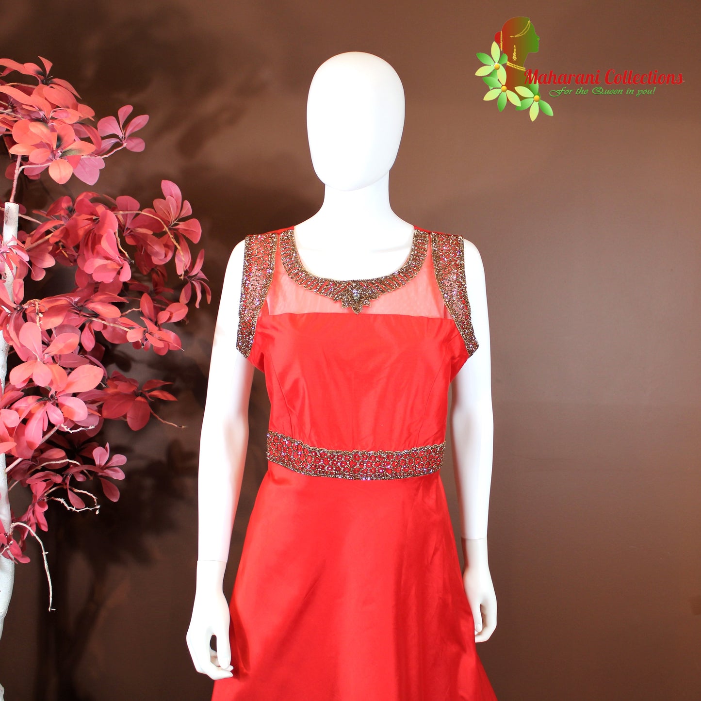 Maharani's Designer Gown (Anarkali Suit) - Bridal Red (L) - Banarasi Silk