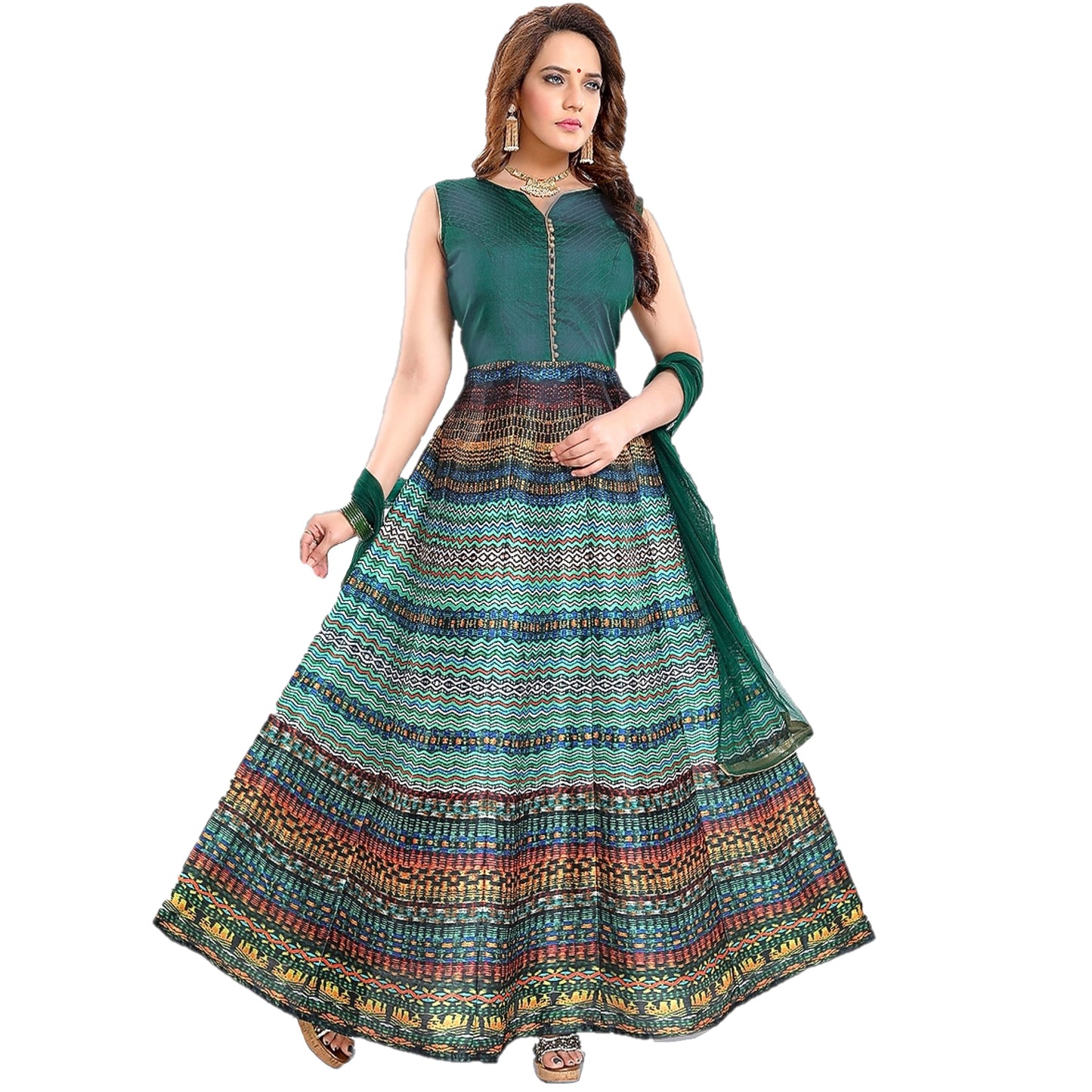 Maharani's Designer Gown (Anarkali Suit) - Bottle Green (L) - Tussar Silk