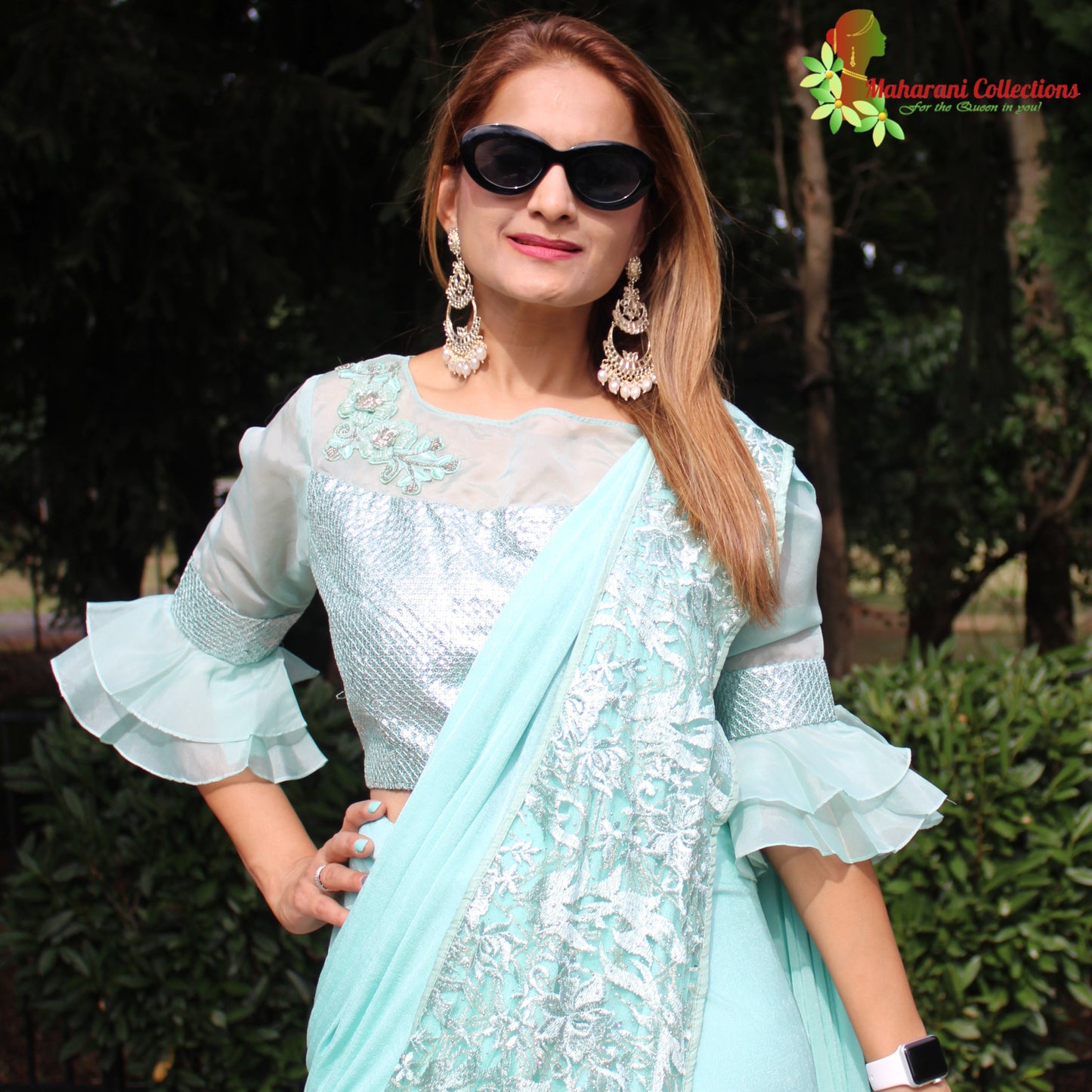 Maharani's Party Wear Stitched Designer Saree - Turquoise Blue (with stitched Blouse & Petticoat)