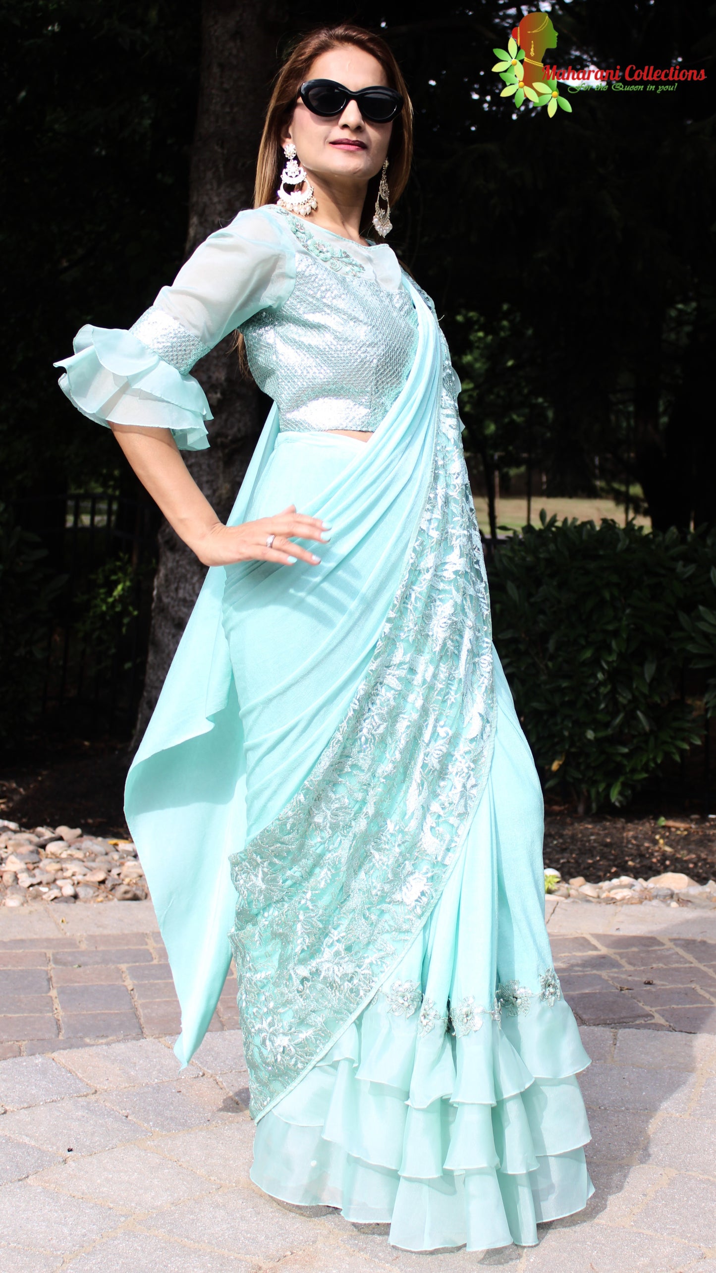 Maharani's Party Wear Stitched Designer Saree - Turquoise Blue (with stitched Blouse & Petticoat)