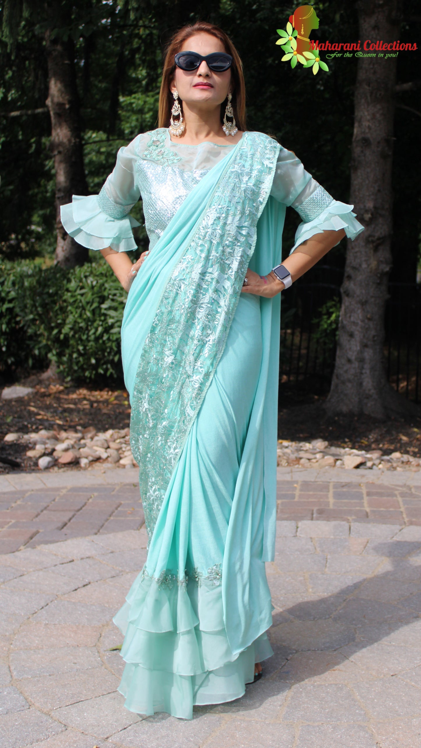 Maharani's Party Wear Stitched Designer Saree - Turquoise Blue (with stitched Blouse & Petticoat)