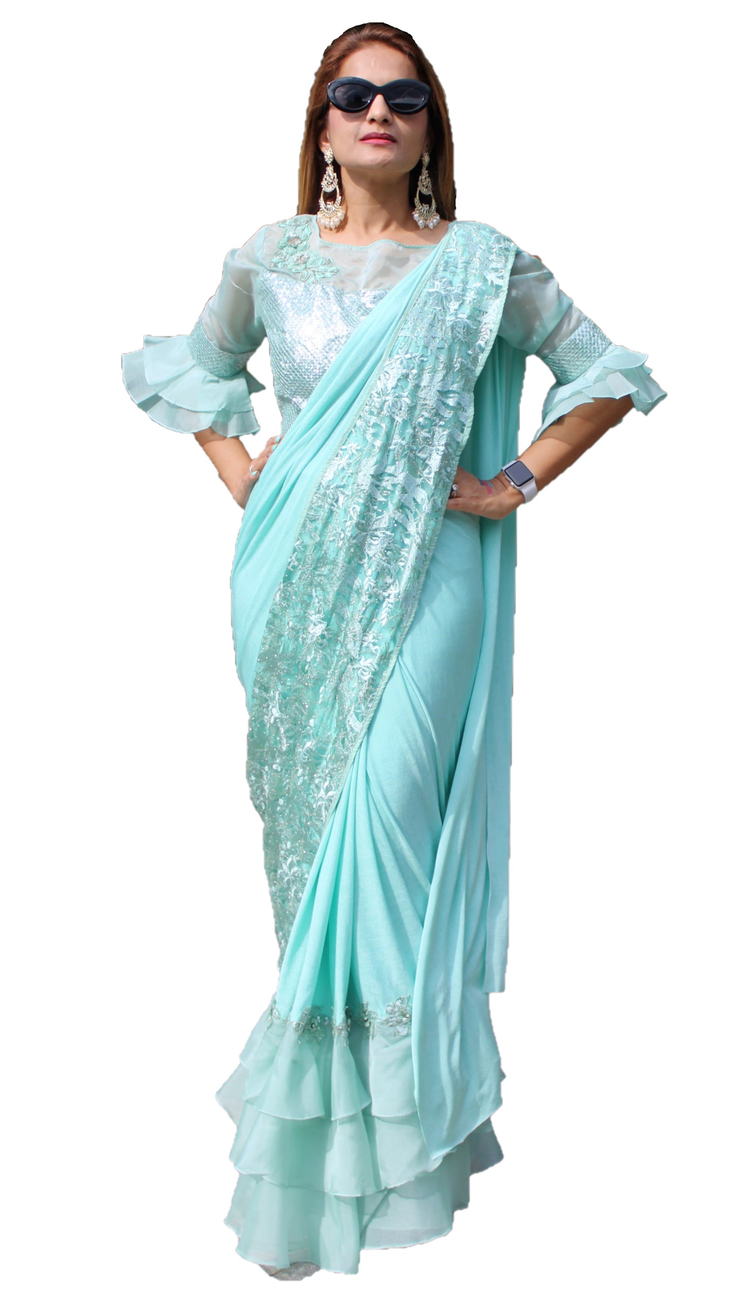 Maharani's Party Wear Stitched Designer Saree - Turquoise Blue (with stitched Blouse & Petticoat)