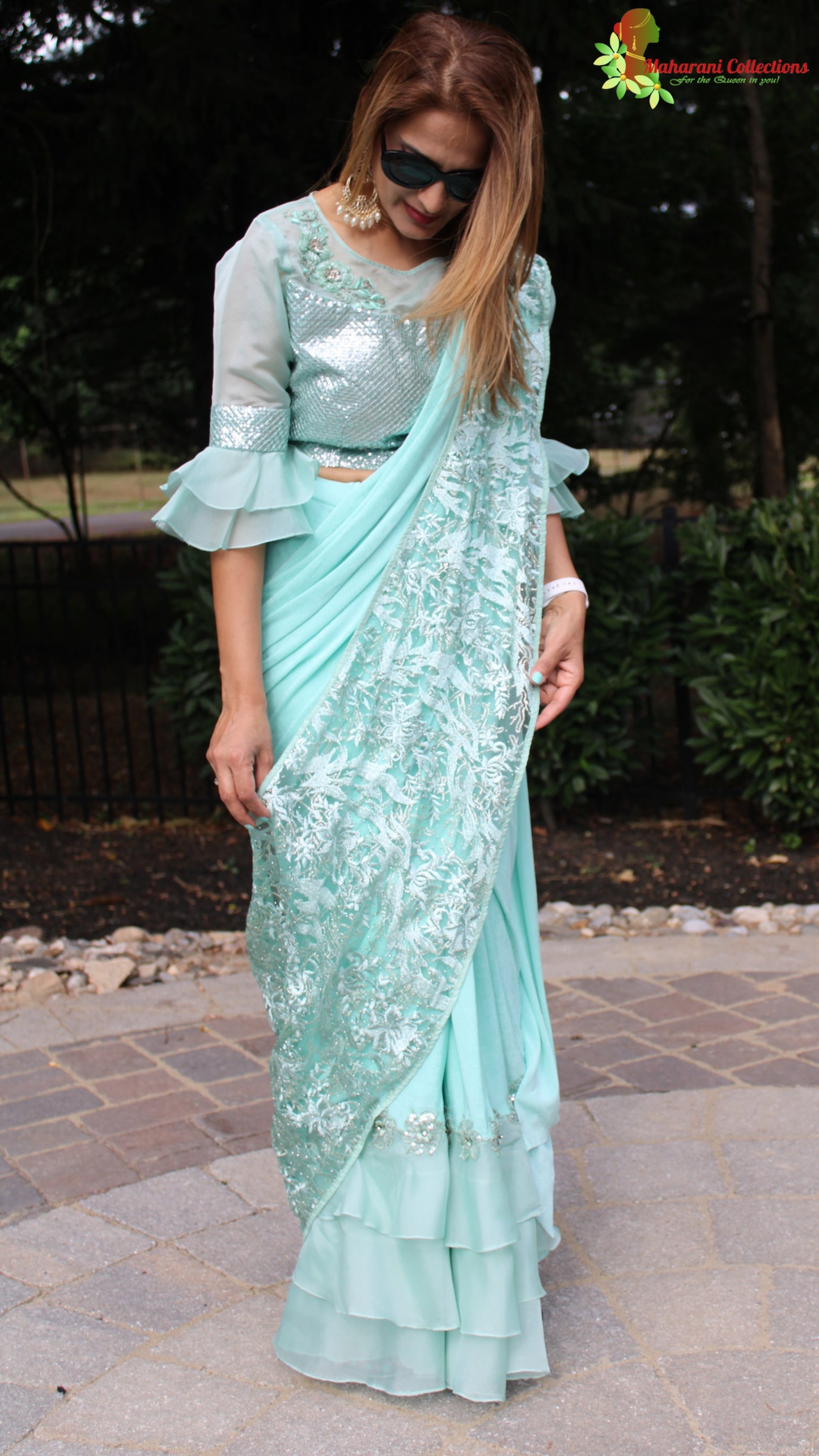 Maharani's Party Wear Stitched Designer Saree - Turquoise Blue (with stitched Blouse & Petticoat)