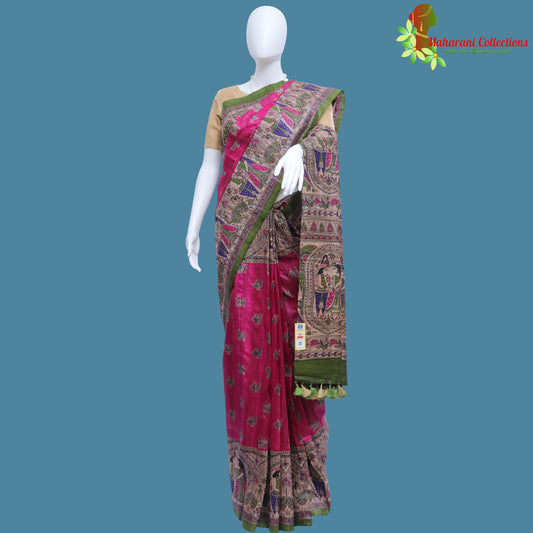 Pure Bhagalpur Tussar Silk Saree (Silk Mark) - Purple Madhubani Work
