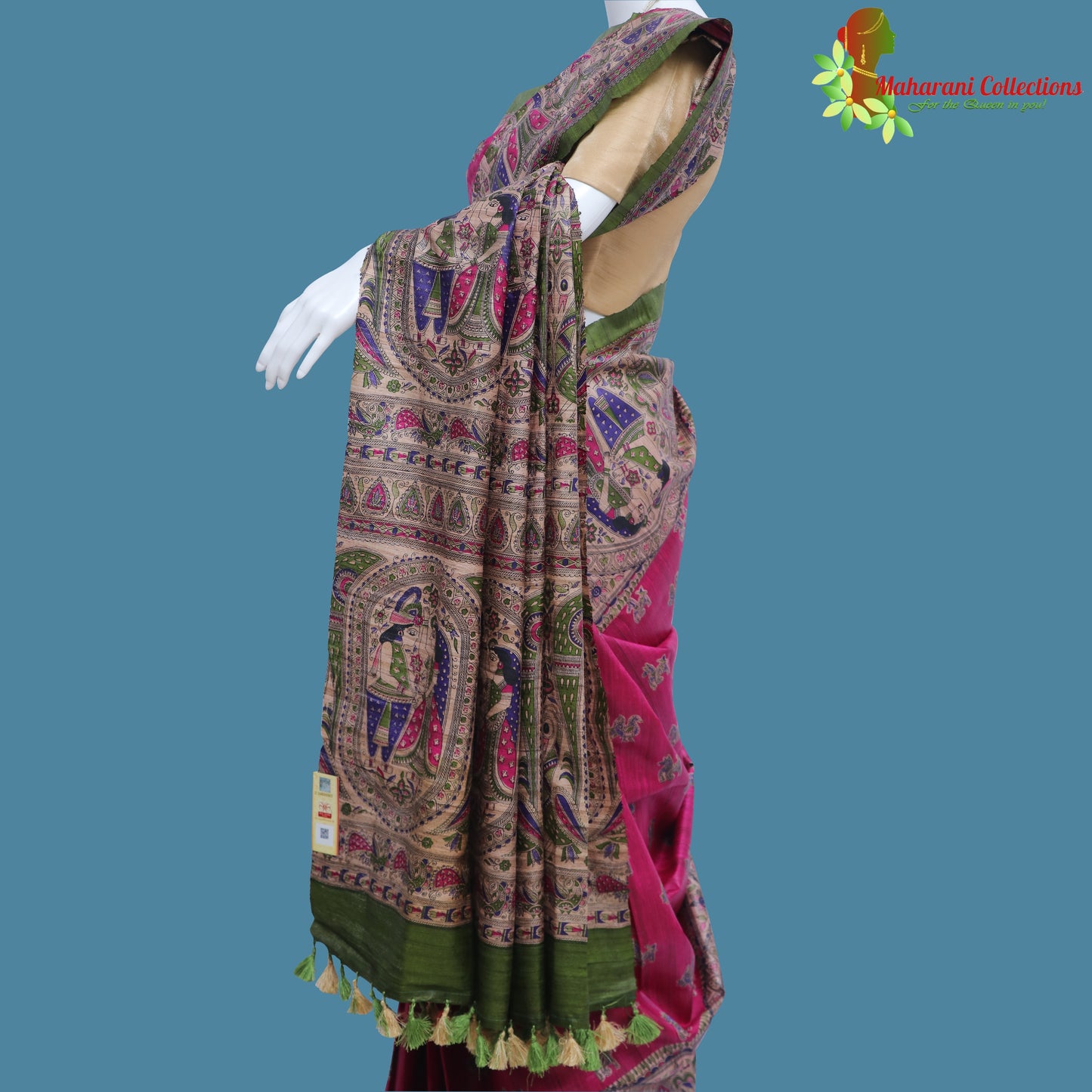 Pure Bhagalpur Tussar Silk Saree (Silk Mark) - Purple Madhubani Work