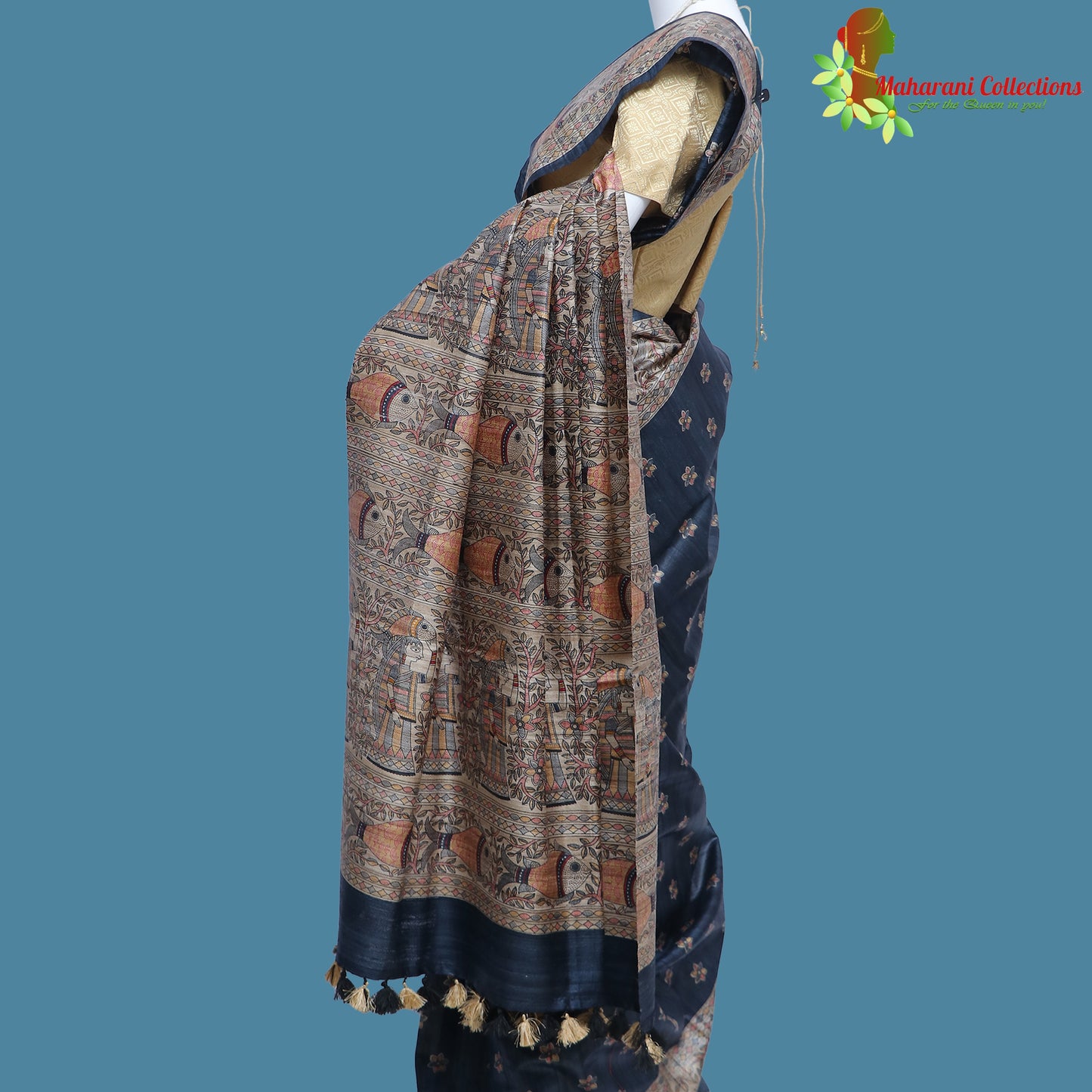 Pure Bhagalpur Tussar Silk Saree (Silk Mark) - Slate Blue Madhubani Work