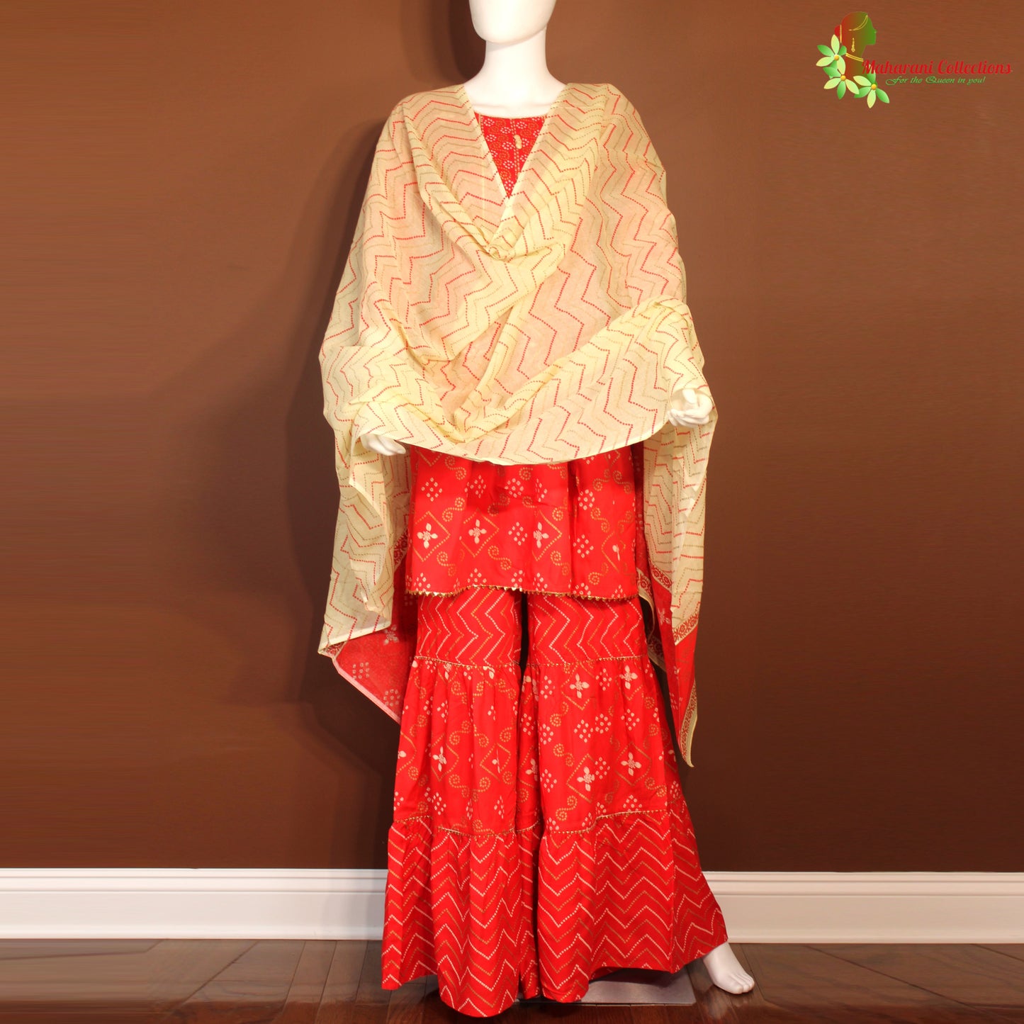 Maharani's Lucknowi Sharara Suit - Bridal Red (L)