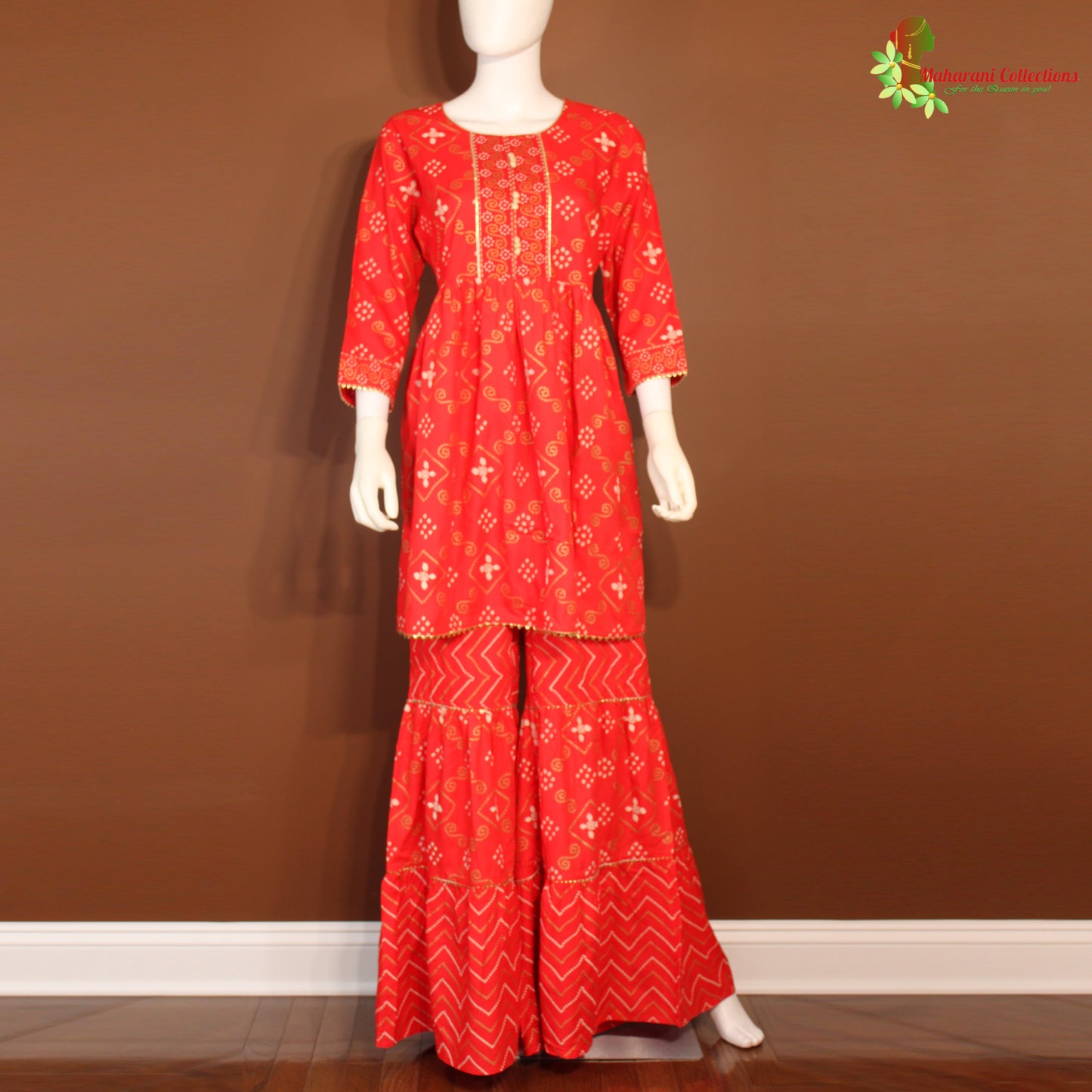 Maharani's Lucknowi Sharara Suit - Bridal Red (XL)