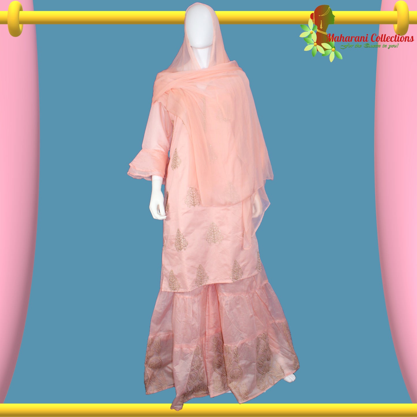 Lucknowi Sharara Suit - Peach (L)