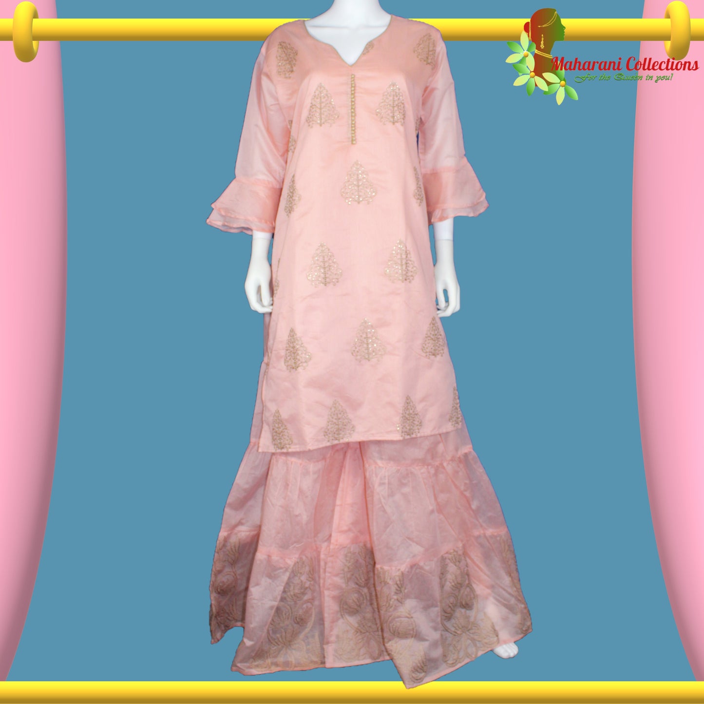 Lucknowi Sharara Suit - Peach (L)