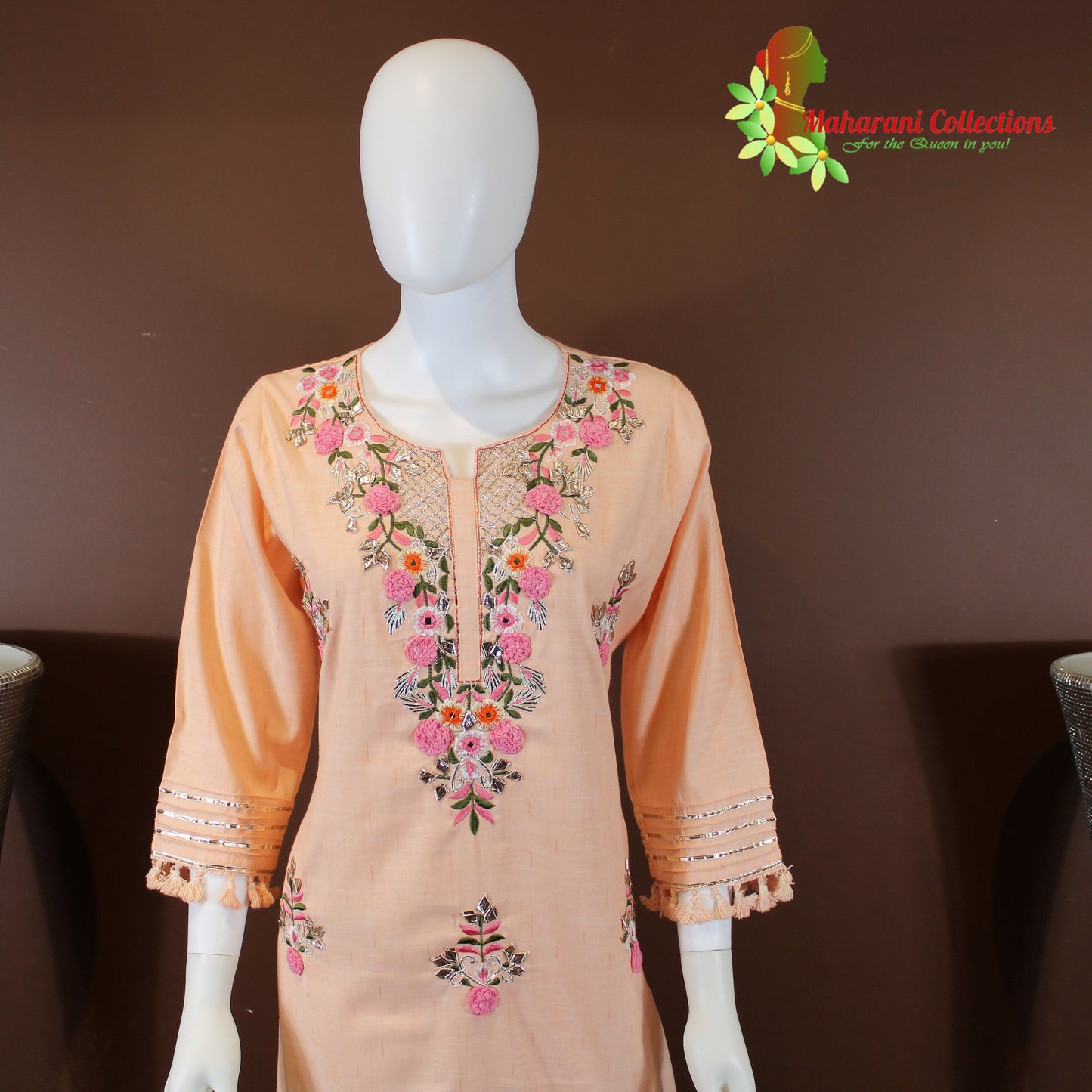 Maharani's Suit with Pants and Dupatta - Peach (S) - Pure Muslin Silk
