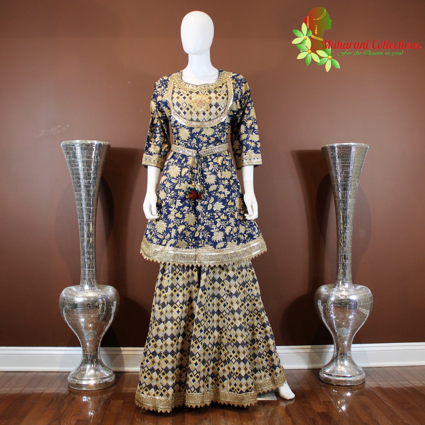 Maharani's Designer Linen Silk Sharara Suit - Blue (L, XL)