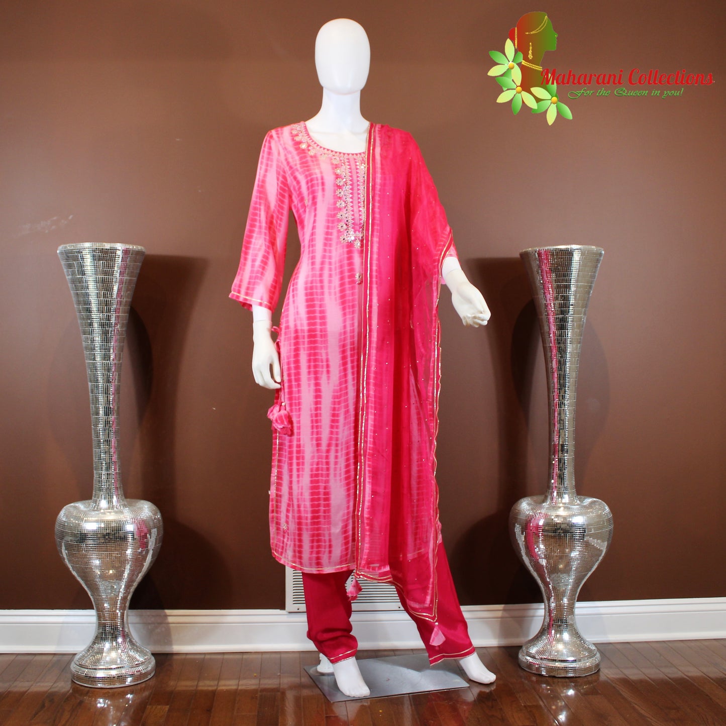 Maharani's Suit with Pants and Dupatta - Magenta (L) - Pure Muslin Silk