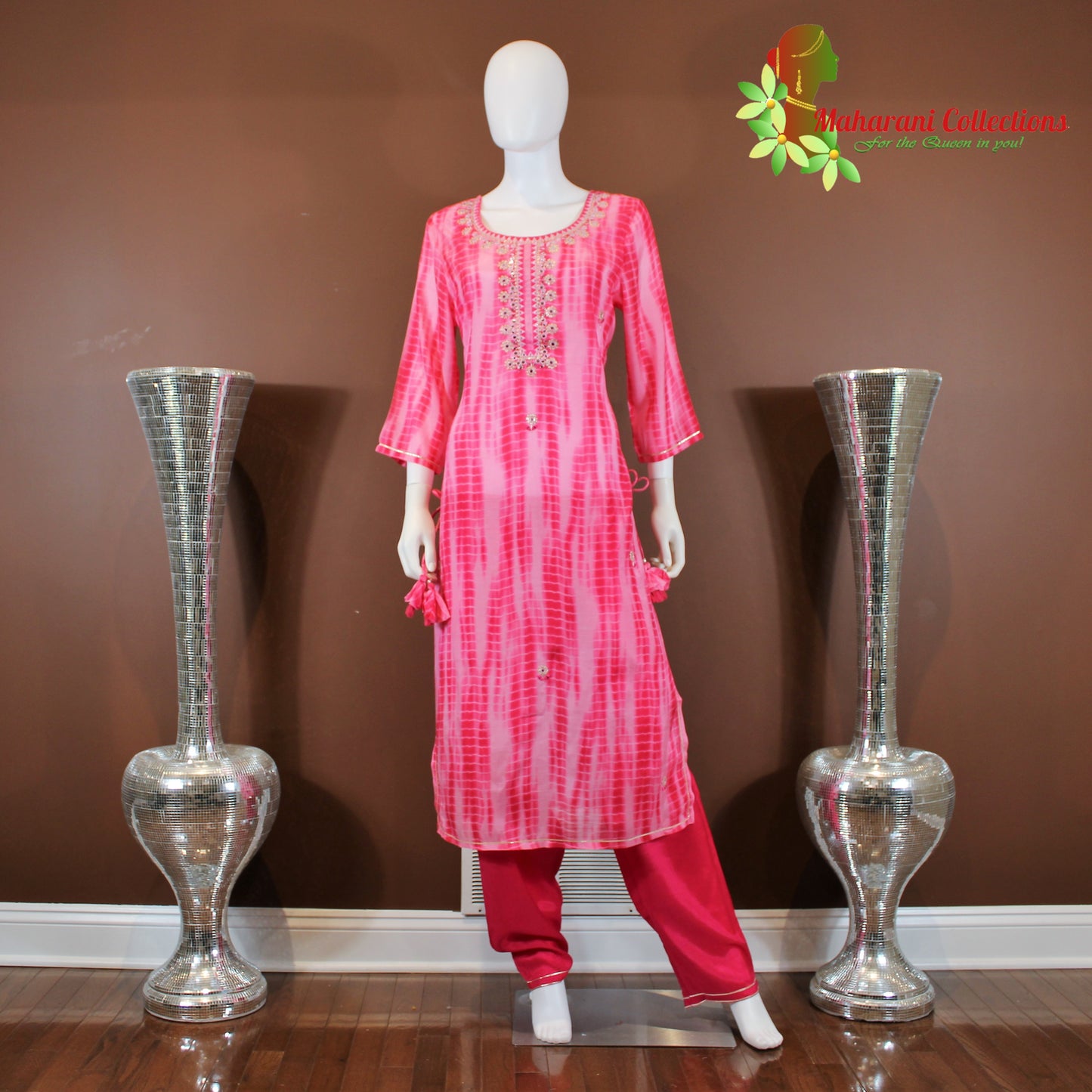 Maharani's Suit with Pants and Dupatta - Magenta (L) - Pure Muslin Silk