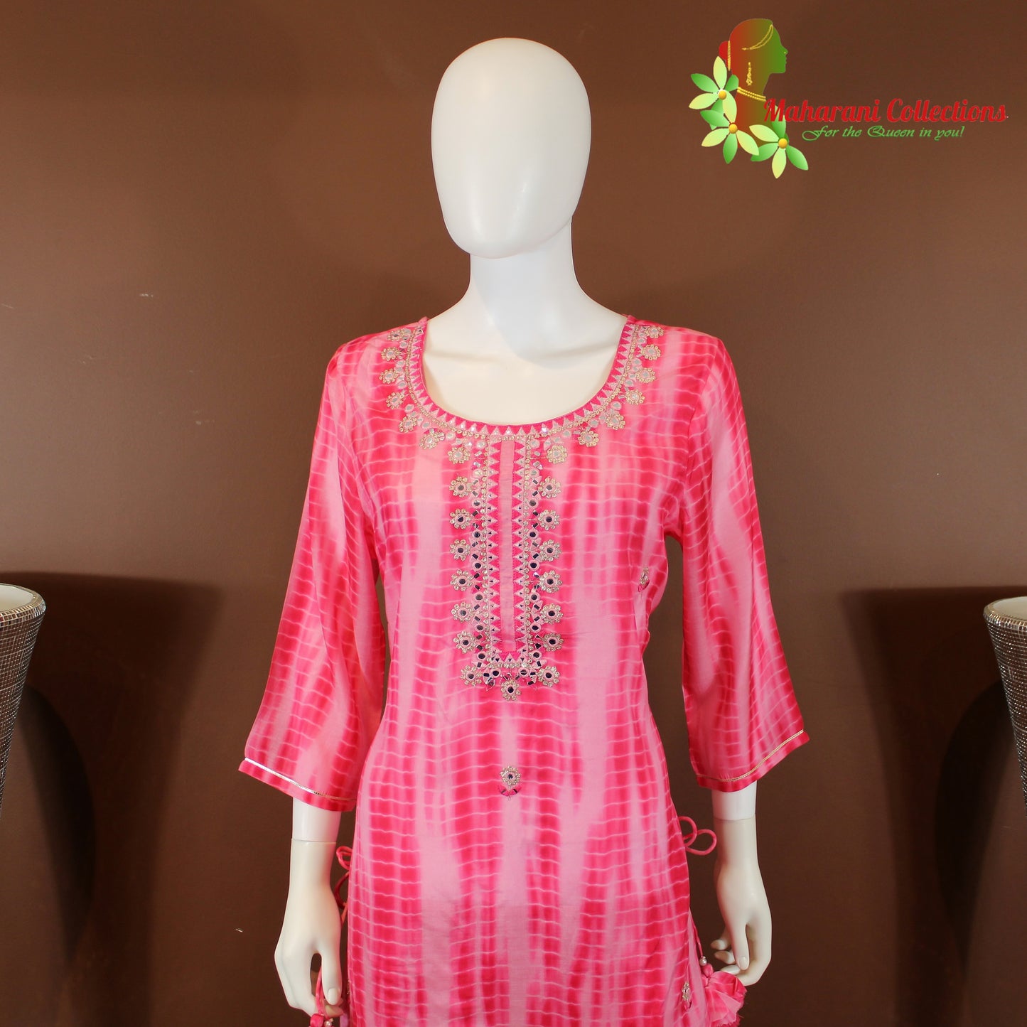 Maharani's Suit with Pants and Dupatta - Magenta (L) - Pure Muslin Silk