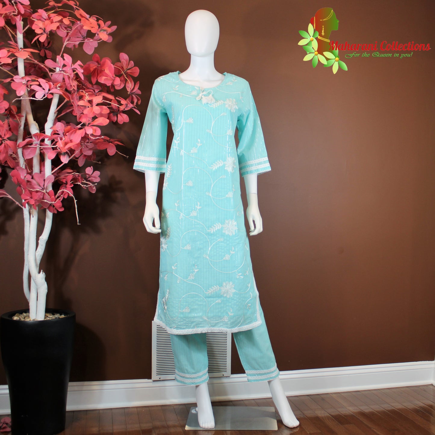 Maharani's Suit with Pants and Dupatta - Sea Green (L) - Pure Muslin Silk